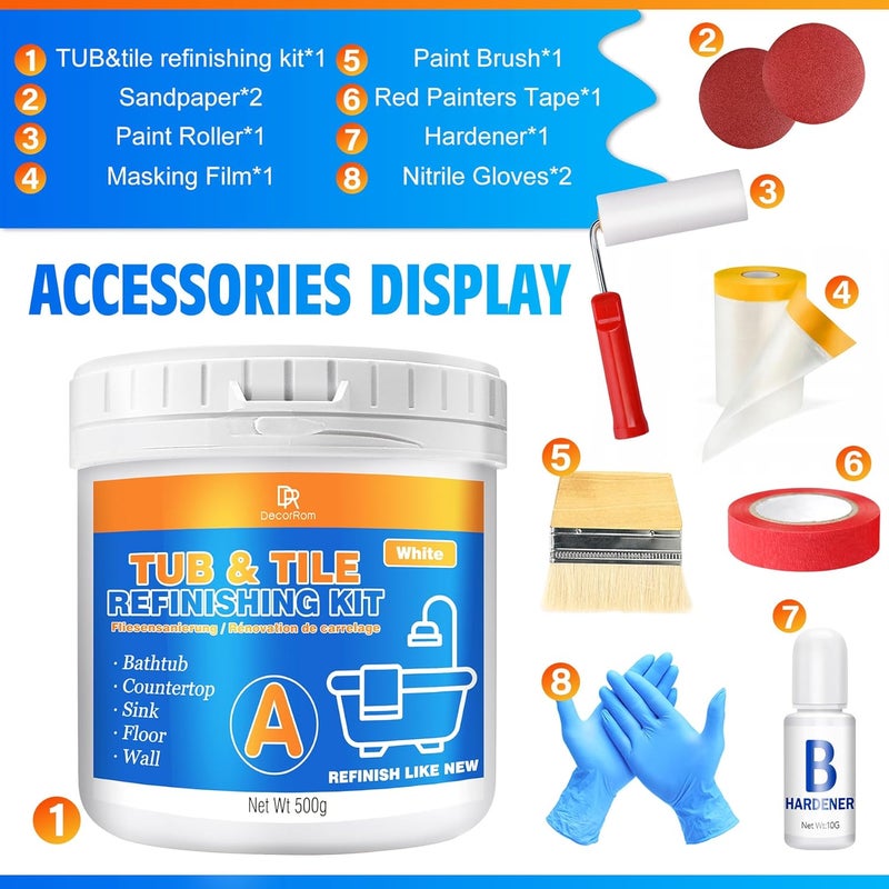 DecorRom Tub and Tile Refinishing Kit, 18oz Tile Paint Bathtub Paint White for DIY Bathroom Resurfacing, Ceramic/Porcelain Tiles, Glass and Marble Sinks Waterproof, Scratch Resistant, Low Odor with Tools - Image 2